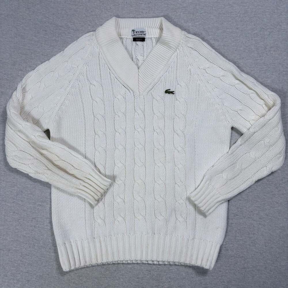 Izod Lacoste Cable Knit V-Neck Sweater Size XL White Acrylic Vintage 70s
